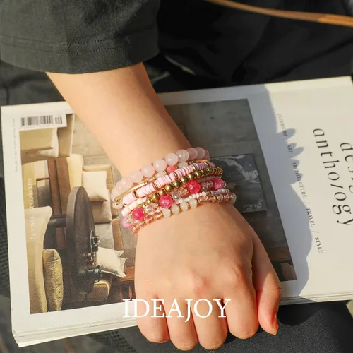Miniatura 6 de IDEAJOY Pulseras rosas bohemias de cuentas de varias capas apilables, conjunto de 8 piezas de hebra elástica versátil con cuentas brillantes