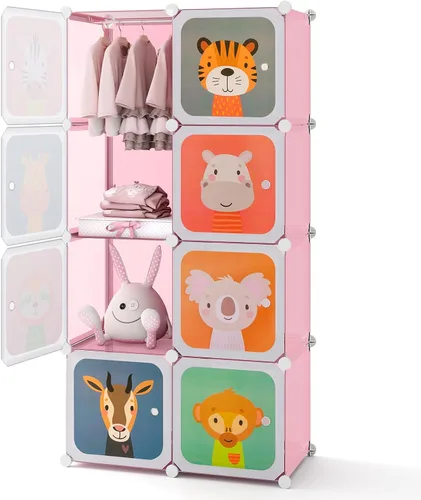 Miniatura 13 de HONEY JOY Armario para niños, organizador de almacenamiento de ropa de dibujos animados para bebés, 8 cubos y 2 secciones para colgar, armario Azul
