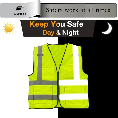 Miniatura 5 de sesafety Chaleco de seguridad con 9 bolsillos, chaleco reflectante de alta visibilidad, chaleco de seguridad, chaleco de trabajo para hombre