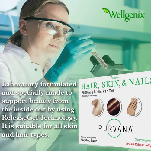 Miniatura 6 de Wellgenix Purvana Suplemento para la piel y las uñas – 2500 mcg de biotina cápsulas blandas con MSM y complejo B – Soporte diario de belleza