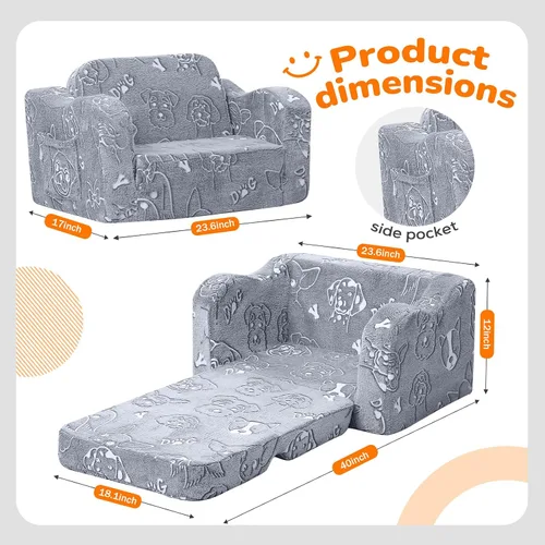 Miniatura 2 de MeMoreCool Sofá para niños que brilla en la oscuridad – Sillón convertible 2 en 1 y tumbona para siestas, estampado de perros, liviano, lavable