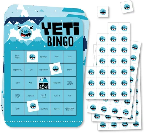 Big Dot of Happiness Yeti to Party - Tarjetas de bingo y marcadores - Abominable Muñeco de nieve para fiesta o fiesta de cumpleaños - Juego de 18