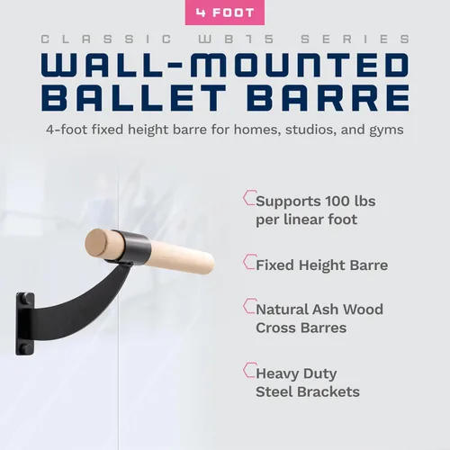 Miniatura 2 de VITA Barre - Barra de ballet individual montada en la pared, clásica WB15, madera Altura fija, fabricada en Estados Unidos, equipo de ejercicio
