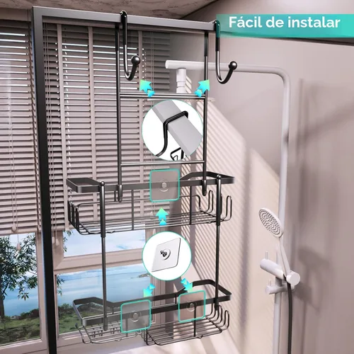 Miniatura 7 de HapiRm - Organizador de ducha colgante sobre la puerta con jabonera, organizador de ducha adhesivo sin necesidad de taladrar con 11 ganchos