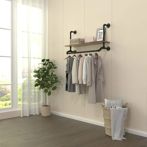 Miniatura 3 de Tianman Barra de ropa de madera de hierro negro desmontable industrial de 40 pulgadas de ancho, perchero de ropa de tubería resistente, barra