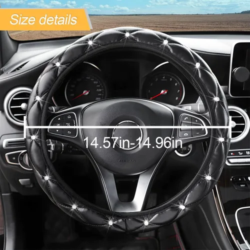 Miniatura 2 de Funda de volante de piel suave con diamantes de imitación de cristal, accesorios universales para SUV, camión, camioneta, automóvil (negro)