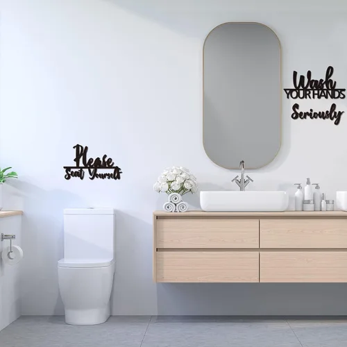 Miniatura 3 de Amyhill 2 juegos de decoración de pared de baño, lávate tus manos seriamente y por favor siéntate tú mismo, divertido letrero decorativo de madera