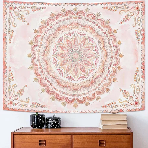 Miniatura 12 de Fowocu Tapiz bohemio con mandala floral para colgar en la pared, medallón de flores bohemias, tapiz estético, beige, naranja, hippie, indio, pequeño