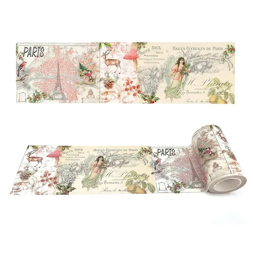 Serenity Fair Cintas adhesivas Washi vintage navideñas. Extra anchas para manualidades, bricolaje, decoración y envoltura de regalos París Beige