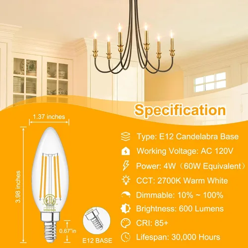 Miniatura 2 de winshine E12 Candelabra LED Bulbs Dimmable 2700K Warm White 60W Equivalent, Energy Efficient 4W, Type B Light Bulb for Chandelier, C35 Ceiling Fan