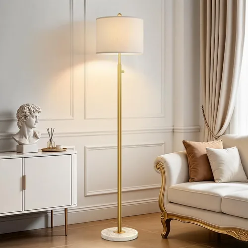 【Actualizado】Lámparas de pie doradas regulables para sala de estar, bombilla LED de 11 W incluida, lámpara de pie moderna con base de mármol, luz de