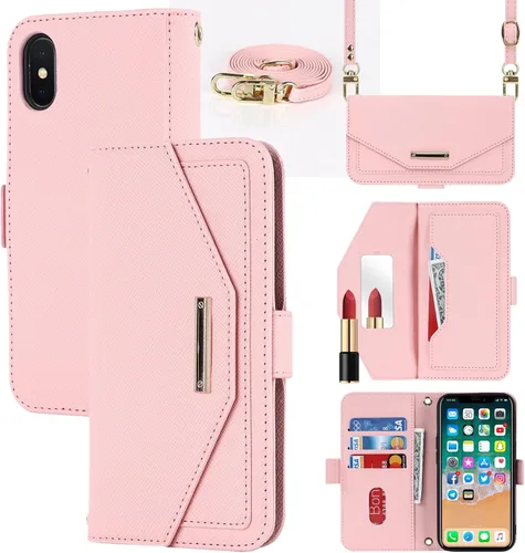 Funda tipo cartera cruzada para iPhone Xs/iPhone X con correa de cordón ajustable, soporte para tarjetas de crédito de 5.8 pulgadas, bolso de piel