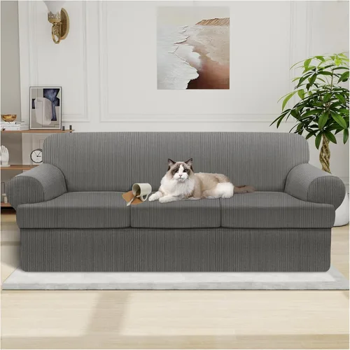 Miniatura 65 de Funda impermeable para silla con brazos, juego de 2 piezas, funda a rayas para 1 sofá separado con cojín en T, fundas de sillón de tela