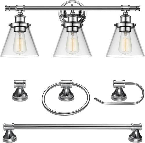 Miniatura 9 de GLOBE Electric 63000062 - Juego de baño todo en uno de 5 piezas, negro mate y latón, luz de tocador de 3 luces, vidrio sembrado, toallero, soporte