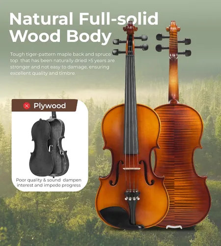 Miniatura 2 de Vangoa Kit de violín acústico 1/2, violín profesional de madera maciza, tapa de abeto, patrón único de madera de arce a juego, ajuste de ébano