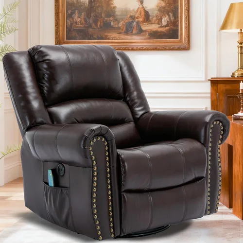 Miniatura 10 de Sillón reclinable giratorio manual con calor y vibración, mecedora giratoria de 360°, sillas reclinables ergonómicas para masaje con bolsillos