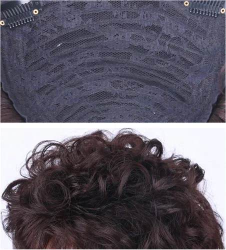 Miniatura 5 de Peluca de pelo corto y rizado para cabello fino, extensiones de cabello humano Remy real, parte superior de tupé, para mujeres, 4.7x4.7 in, marrón