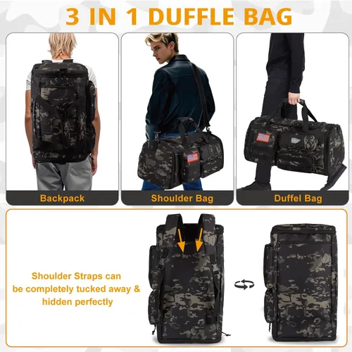 Miniatura 6 de Bolsa de gimnasio expandible para hombres, táctica grande 3 en 1, bolsa deportiva con compartimento para zapatos, resistente al agua, bolsa de mano