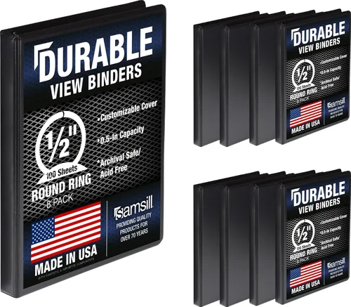 Samsill Carpeta duradera de 0.5 pulgadas, fabricada en los Estados Unidos, carpeta transparente personalizable con anillos redondos, color negro,