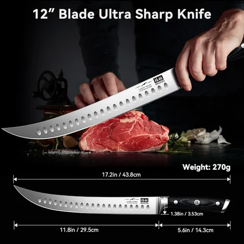 Miniatura 2 de SHAN ZU Cuchillo de rebanar de 12 pulgadas - Cuchillo profesional alemán para rebanar y trinchar carne de pecho, hoja de acero inoxidable 1.4116