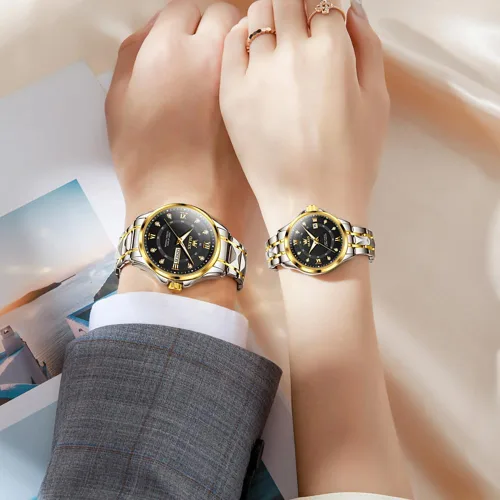 Miniatura 22 de OLEVS Reloj para parejas para él y ella, reloj analógico de cuarzo para hombres y mujeres, de acero inoxidable, impermeable, luminoso, fecha, reloj
