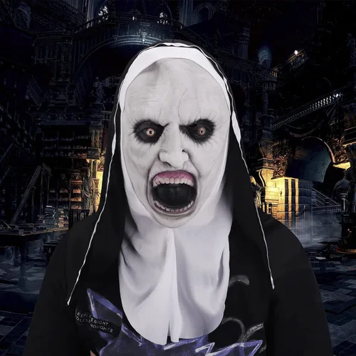 Miniatura 5 de Starsouce Máscara de monja de látex aterradora con bufanda, disfraz de monja de terror, máscaras de cabeza completa para disfraces de Halloween