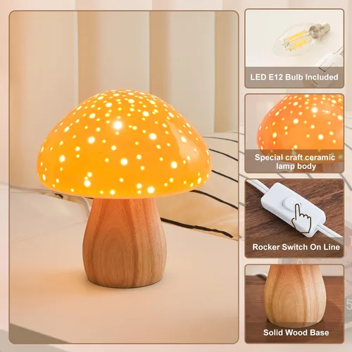 Miniatura 6 de BOHON Lámpara de Hongo, Lámpara de Mesa de Cerámica para Mesita de Noche del Dormitorio, Luz Nocturna Naranja Vintage Retro, Lámpara Estética