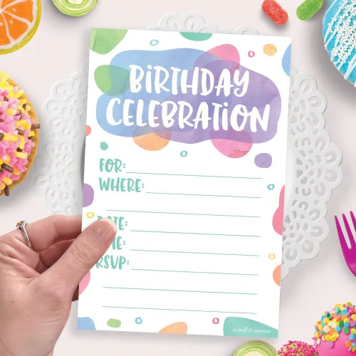 Miniatura 5 de Puntos de acuarela – Invitaciones de fiesta de cumpleaños – Estilo de relleno (20 unidades) con sobres