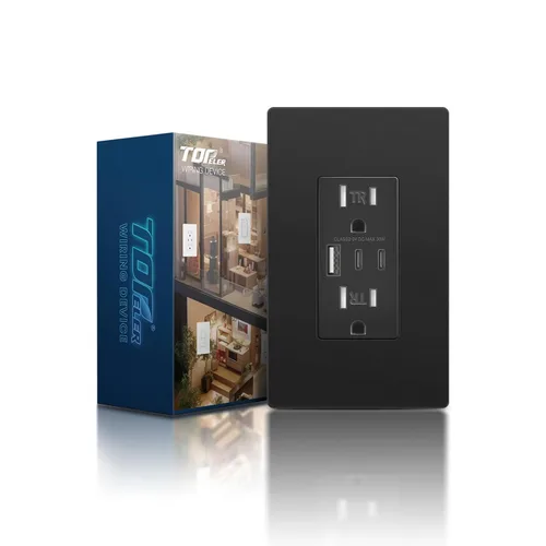 Miniatura 21 de TOPELER - Toma de corriente para montaje en pared con puertos USB 6.0A, dos tomas eléctricas de 20 amperios, tomas y puertos resistentes a la Negro