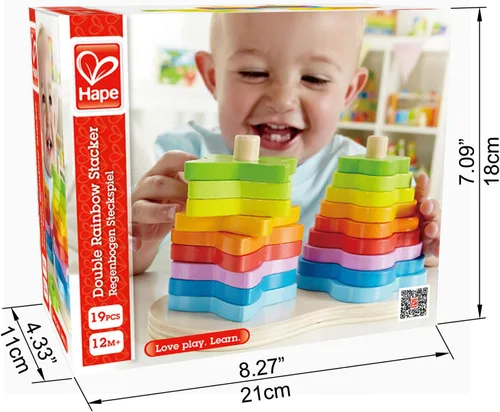 Miniatura 3 de Hape - Juego de anillos de madera con doble apilador de arco iris para niños, L: 7.9, ancho: 4.1, altura: 4.3 pulgadas