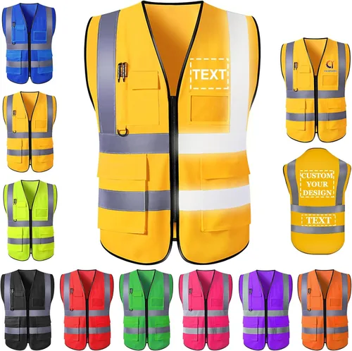 Miniatura 9 de Chaleco de seguridad personalizado para hombres con bolsillos de logotipo, ropa de trabajo protectora personalizada de alta visibilidad con tira