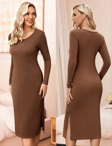 Miniatura 5 de Ekouaer Maternity Dress Rib Knit Long Sleeve Side Slit Bodycon Dresses Pregnancy Baby Shower Clothes S-XXL
