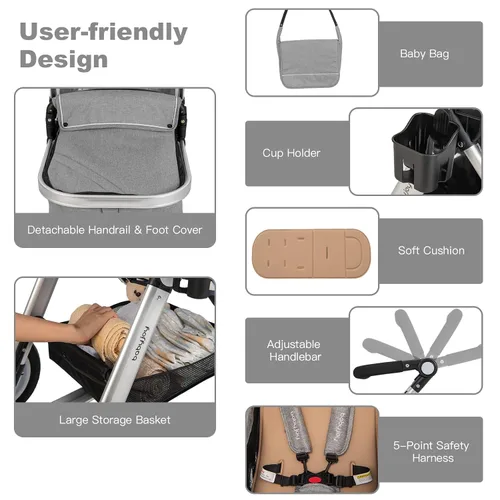 Miniatura 2 de BABY JOY Cochecito de bebé, cochecito reclinable convertible 2 en 1, cochecito plegable con arnés de 5 puntos, incluye soporte para tazas, funda Gris