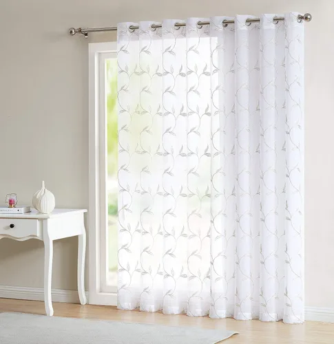 Miniatura 8 de LINENZONE Cortina de patio transparente blanca para puertas correderas con bordado de hojas de carbón gris. Extra ancha para patio, puertas