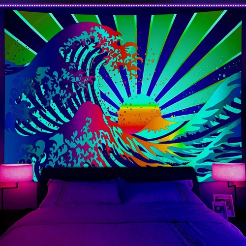 Divertido tapiz psicodélico de luz negra, Hokusai Ukiyoe, The Great Wave Off Kanagawa UV reactivo al atardecer para colgar en la pared, tapices