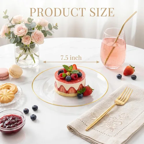 Miniatura 4 de Rubtlamp 200 piezas de platos de postre dorados transparentes con tenedores de plástico dorados, 100 piezas de platos de 7.5 pulgadas para Claro