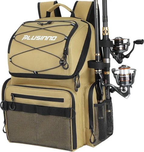 PLUSINNO - Mochila de pesca con portacañas y enfriador de 45L, mochila grande resistente al agua para aparejos de pesca, ideal para guardar equipo