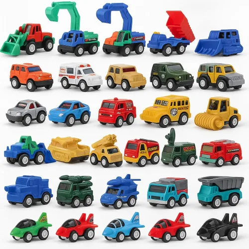 Juego de 36 piezas de juguetes de autos y camiones – Mini vehículos de bolsillo, aviones de combate, construcción, autos de carreras y juguetes