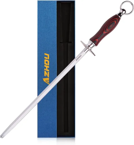 Azhou Varilla de Afilado Fino de 12 Pulgadas, Varilla Afiladora de Cuchillos de Acero de Alto Carbono HRC 63±2 con Mango de Madera, Afilador de