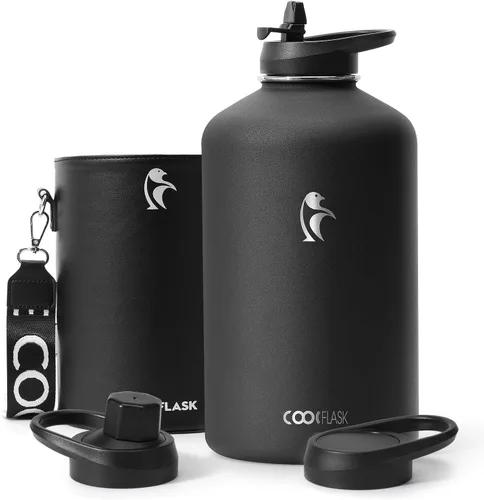 Miniatura 14 de Coolflask Botella de agua de 64 onzas aislada con funda de cuero PU, botella de agua de medio galón con contraste de color y tapa con popote, jarra