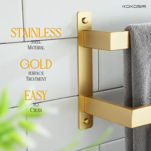 Miniatura 4 de KOKOSIRI Barras para Toallas de Baño de 2 Niveles Tipo Escalera Dorado Cepillado Rieles para Toallas de 24 Pulgadas Soportes para Toallas Montados