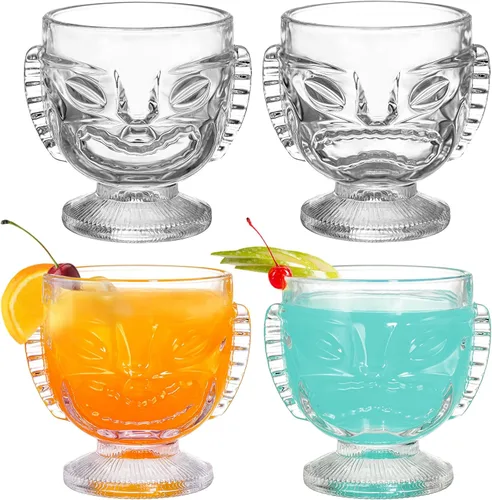 TOPZEA Paquete de 4 vasos Tiki de 14 onzas, juego de tazas Tiki transparentes modernas, vasos de cóctel de bar, tazas hawaianas para fiesta Luau,
