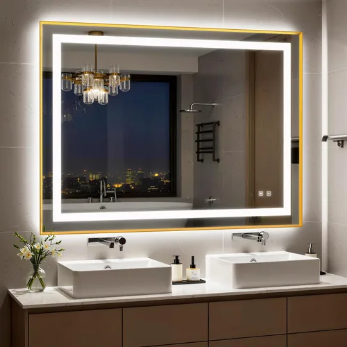 Miniatura 23 de Espejo de baño LED de 24 x 32 pulgadas con luces, espejo de tocador de baño con marco negro con luz frontal + retroiluminación para pared, vidrio