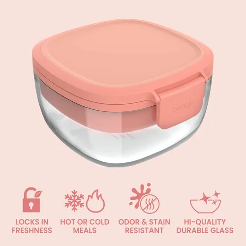 Miniatura 3 de Bentgo Recipiente de Ensalada de Vidrio Todo en Uno - Ensaladera Grande de 61 oz con Tapa, Bandeja Estilo Bento de 4 Compartimentos, Recipiente