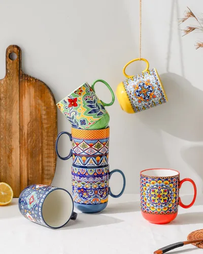 Miniatura 3 de HENXFEN LEAD Juego de 6 tazas de café bohemias de cerámica, tazas coloridas de 14 onzas para té, café con leche y chocolate caliente, aptas