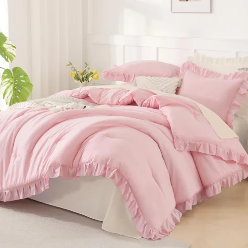 Miniatura 25 de Andency Juego de edredón beige tamaño King, 3 piezas estilo farmhouse shabby chic con volantes, ligero esponjoso suave de microfibra para todas