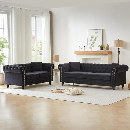 Miniatura 20 de Juego de sofá moderno de 2 piezas de mediados de siglo, sofá Chesterfield retro con botones copetudos, muebles para la sala, cómodo asiento profundo