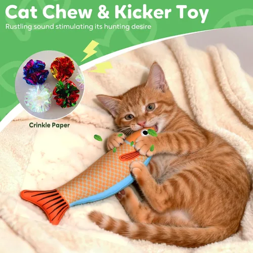 Miniatura 3 de Juguetes de hierba gatera Saury Fish, Cat & Kitten Chew Kicker Juguetes interactivos arrugados para gatos adultos aburridos en interiores y gatitos