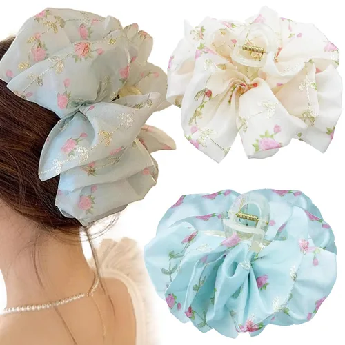 Miniatura 15 de Jaczora 2 pinzas para el pelo de seda de gasa, pinza grande de perlas con lazos, accesorios para el cabello para mujeres y niñas