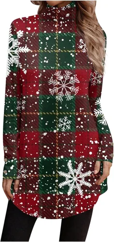 Christmas Shirts, Women's Cute Tunic Long Sleeve Blouse Daily High Neck Fashion Button Christmas Print T-Shirt Tops